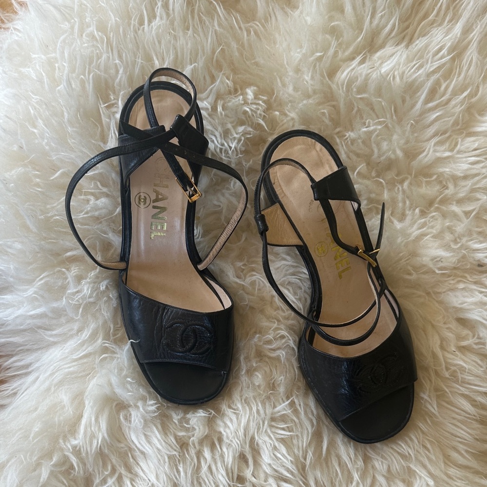 CHANEL Black Strappy Platform Heels